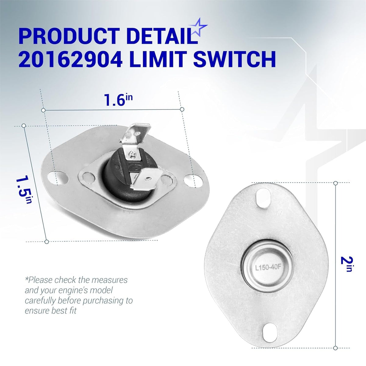 Dimensional diagram of 20162904 furnace primary limit switch showing product measurements and mounting plate details.