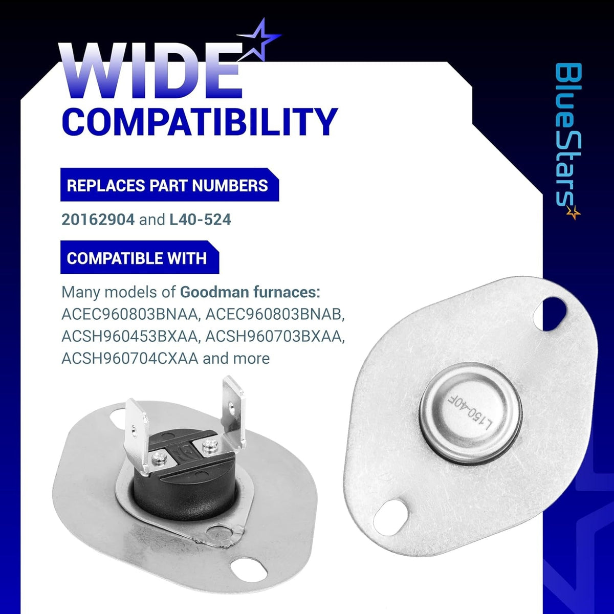 Infographic showing 20162904 furnace primary limit switch compatibility with Goodman furnace models.