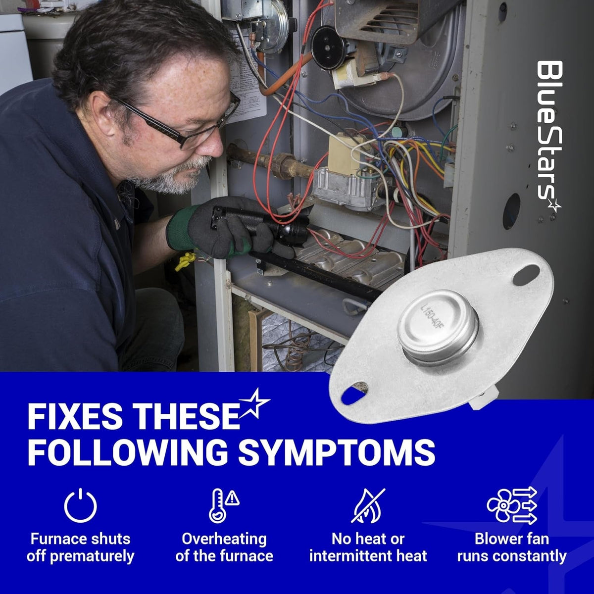 20162904 furnace primary limit switch shown with technician repairing a furnace and common symptom troubleshooting guide.