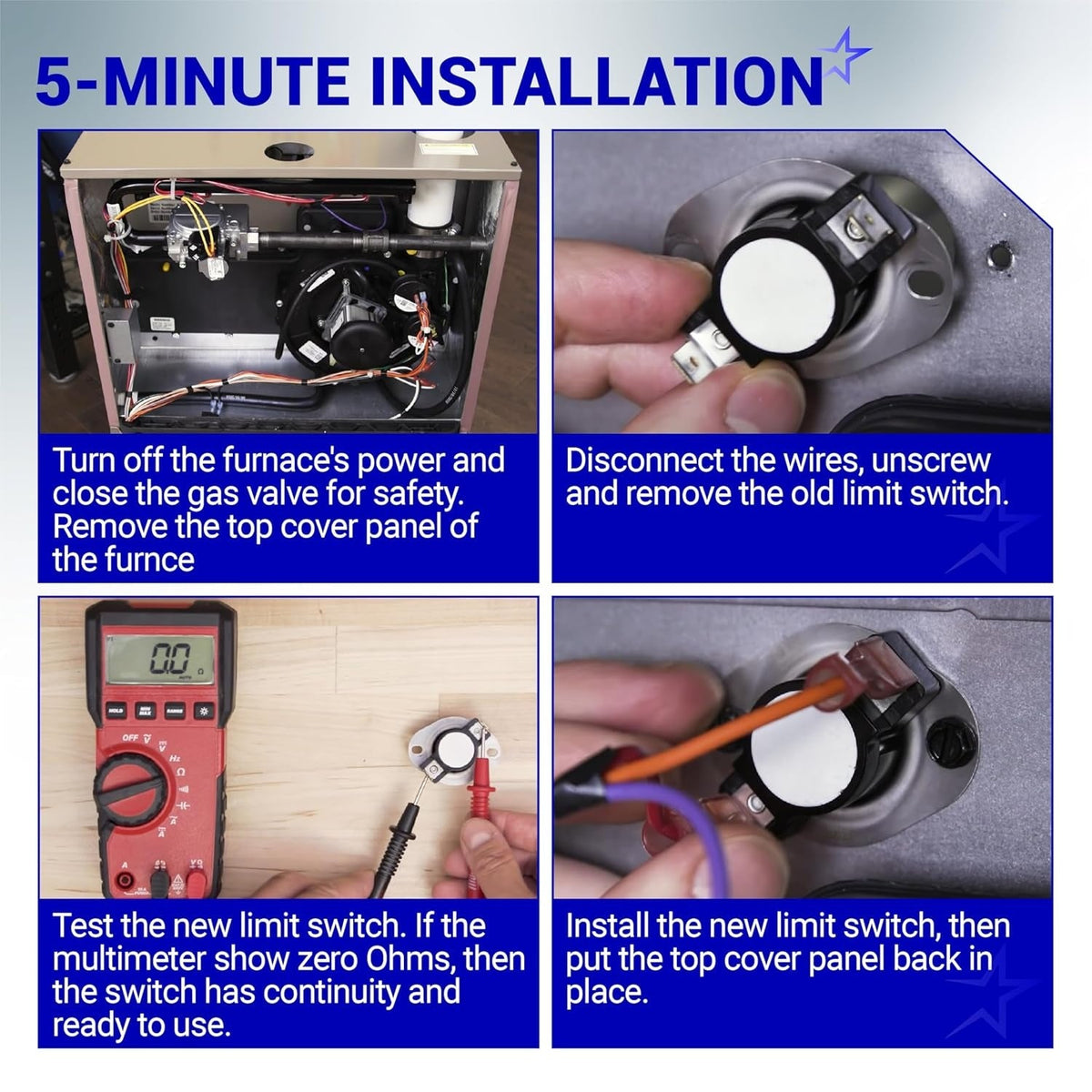 Installation guide for 20162904 furnace primary limit switch showing removal, testing, and wiring steps.
