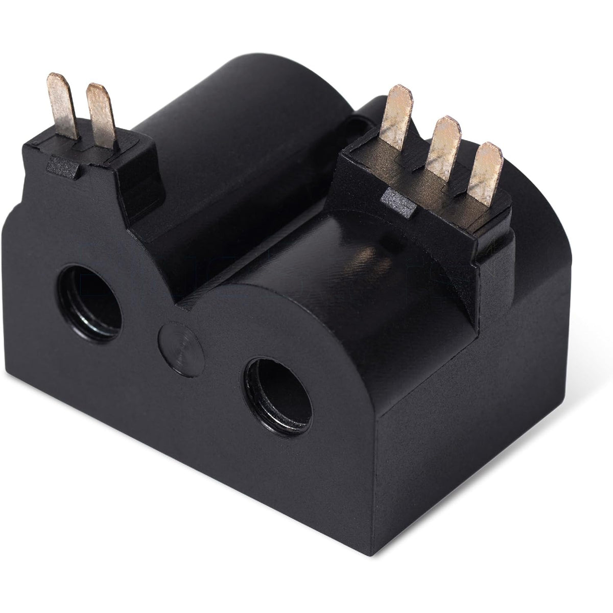 W10328463 Dryer Coil Valve Replacement, front three-quarter view showing black housing and metal terminals