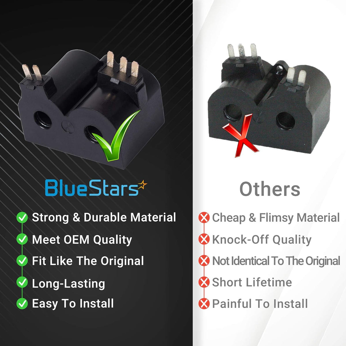 Comparison chart showing W10328463 dryer coil valve replacement quality versus generic alternatives.