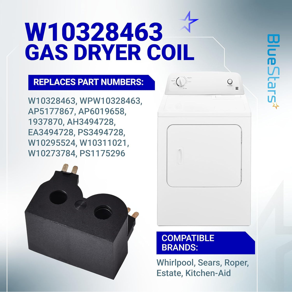 W10328463 Dryer Coil Valve Replacement, graphic showing black coil valve, dryer, replacement numbers and compatible brands