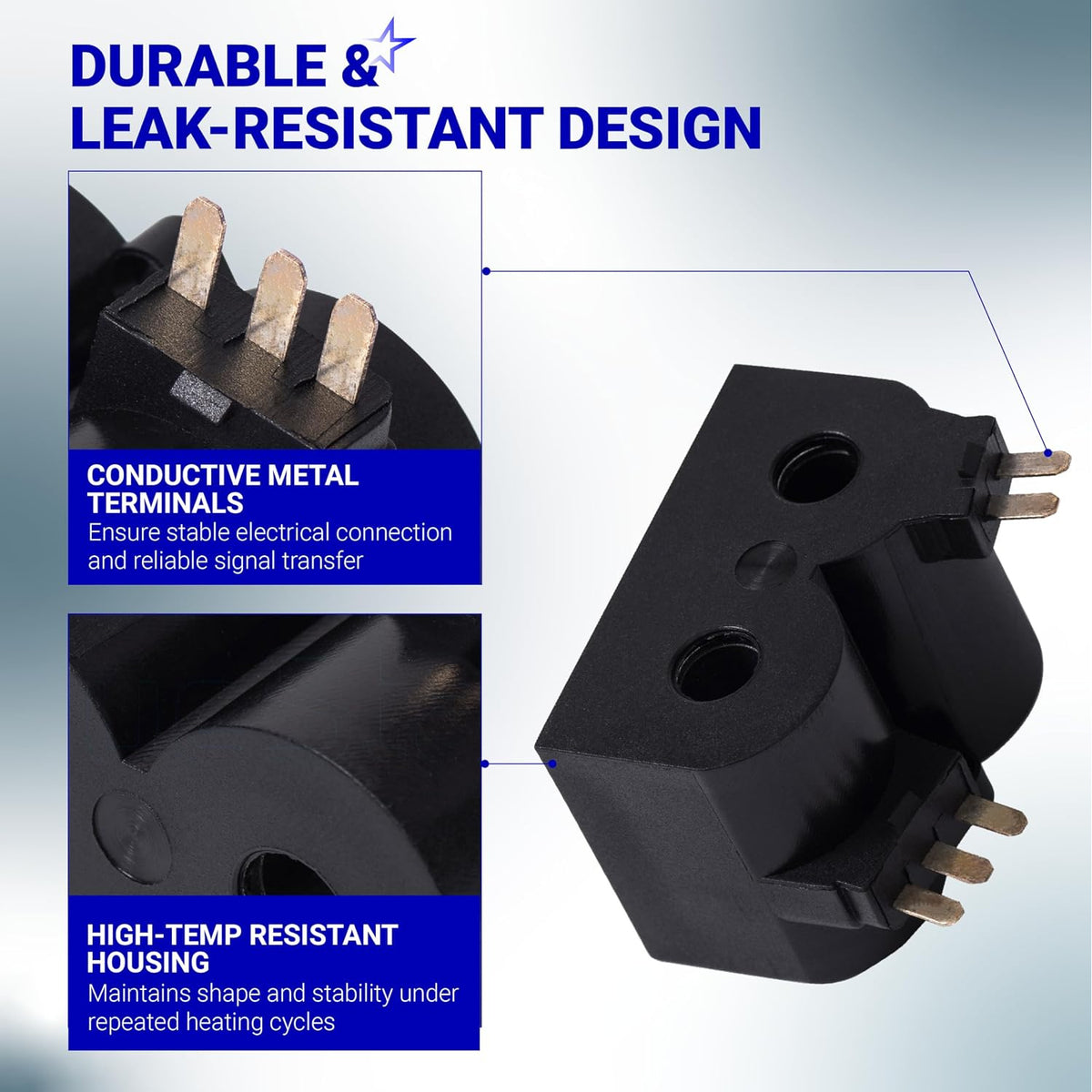 W10328463 Dryer Coil Valve Replacement showing conductive metal terminals and high-temp resistant housing