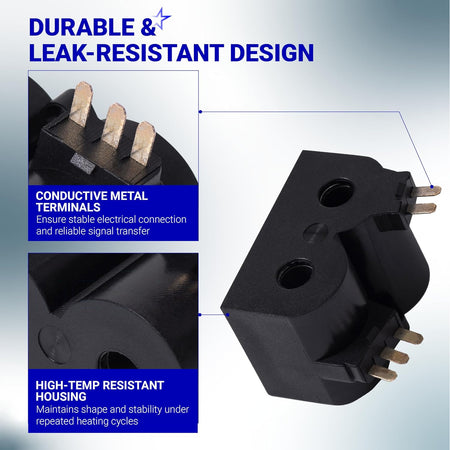 W10328463 Dryer Coil Valve Replacement showing conductive metal terminals and high-temp resistant housing