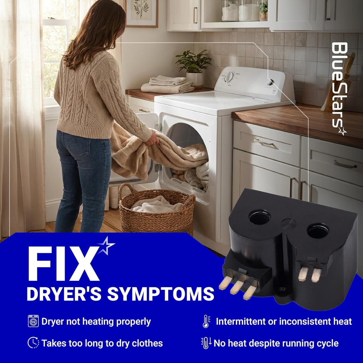 W10328463 Dryer Coil Valve Replacement graphic with coils, dryer scene, and listed heating symptoms