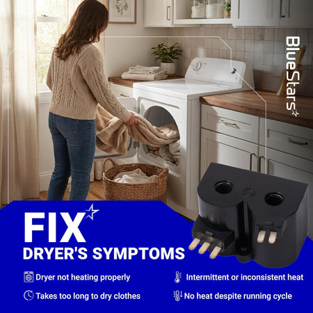 W10328463 Dryer Coil Valve Replacement graphic with coils, dryer scene, and listed heating symptoms