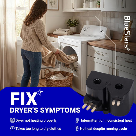 W10328463 Dryer Coil Valve Replacement graphic with coils, dryer scene, and listed heating symptoms