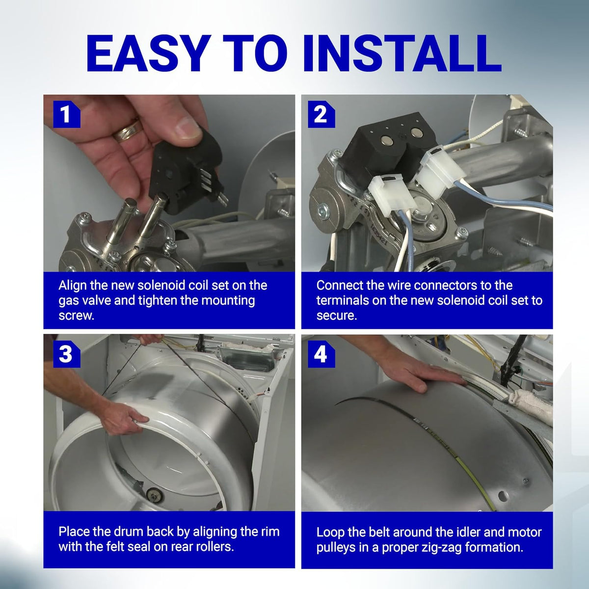 W10328463 Dryer Coil Valve Replacement, four-step installation guide showing solenoid installation and dryer reassembly