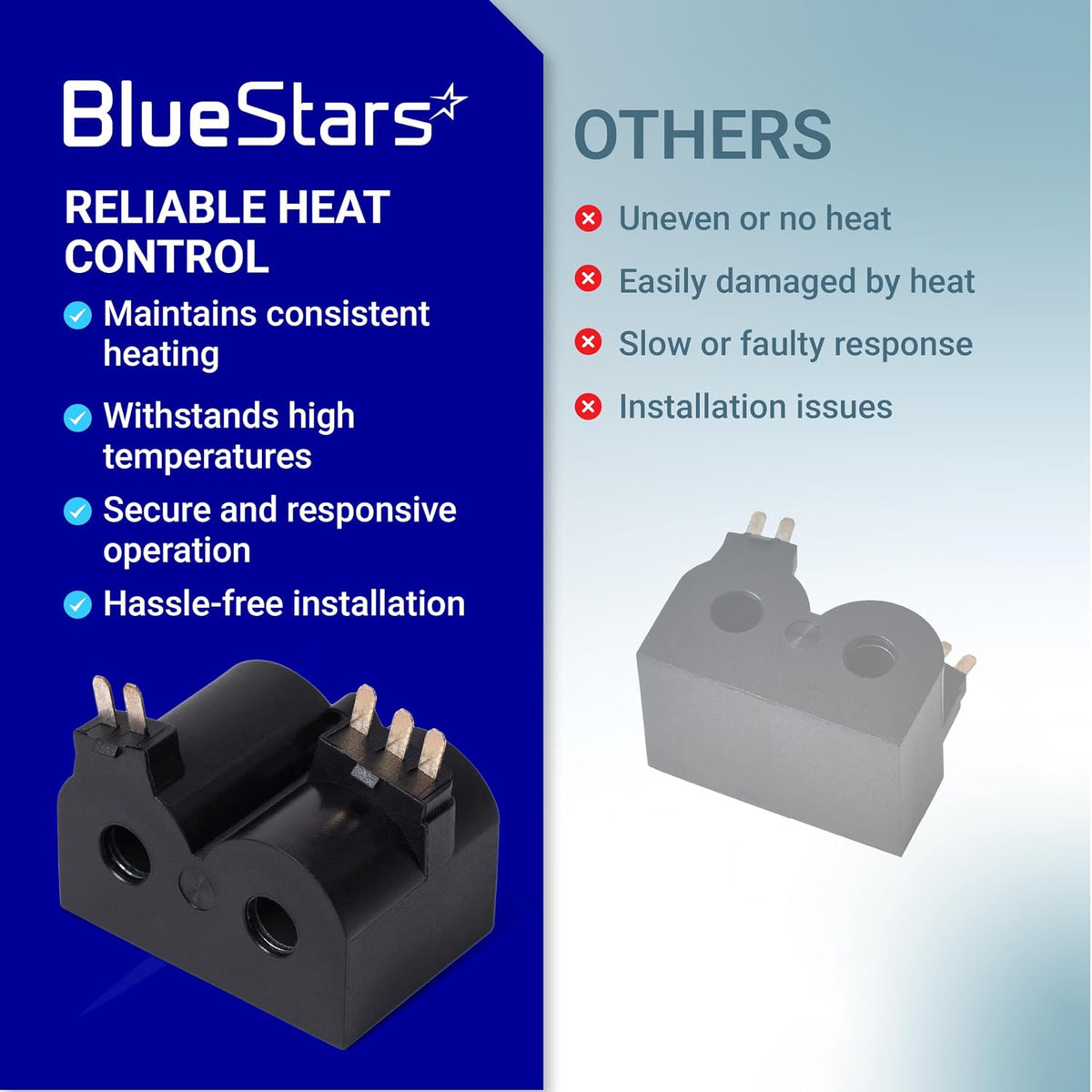 W10328463 Dryer Coil Valve Replacement comparison graphic showing a black BlueStars valve versus gray alternatives