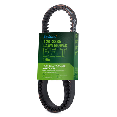120-3335 44-inch replacement timing belt for Toro TimeMaster and Exmark lawn mowers in branded packaging.