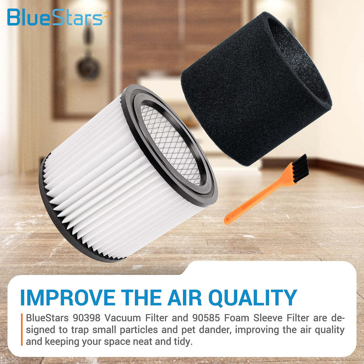 Replacement 90398 cartridge filter, 90585 foam sleeve, and cleaning brush for Shop-Vac wet/dry vacuums.