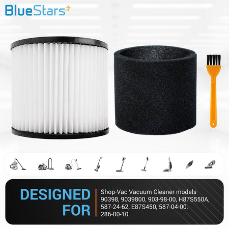 Replacement 90398 cartridge filter, 90585 foam sleeve, and cleaning brush for Shop-Vac wet/dry vacuum cleaners.