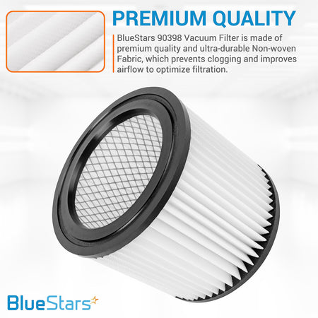 90398 replacement cartridge filter for Shop-Vac wet/dry vacuums with close-up view of non-woven fabric material.