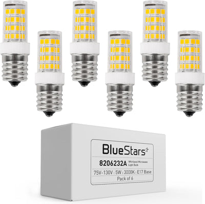 Pack of six 8206232A 5W dimmable LED microwave light bulbs with E17 base and product packaging.