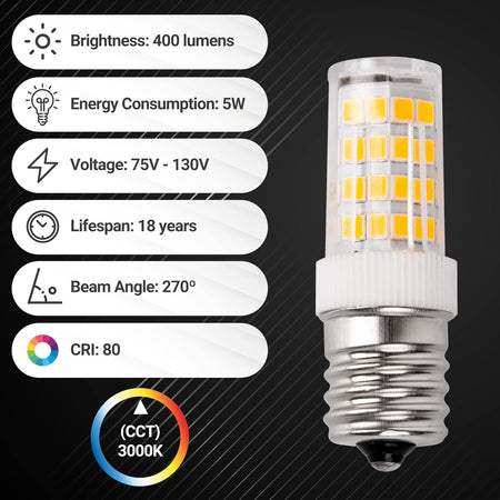 8206232A 5W dimmable LED light bulb with technical specifications infographic.