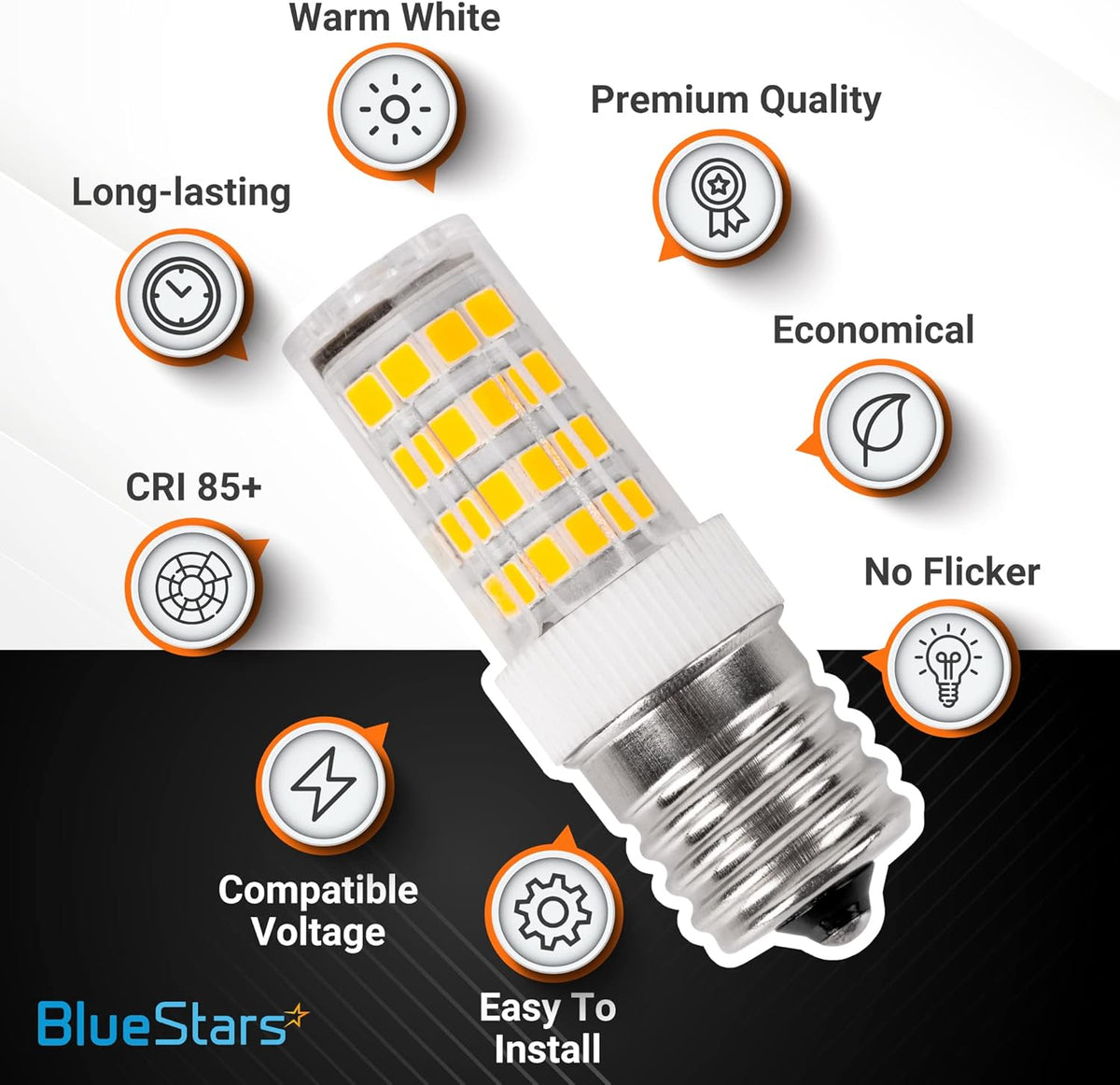 8206232A 5W dimmable LED light bulb with infographic icons highlighting features like warm white and no flicker.