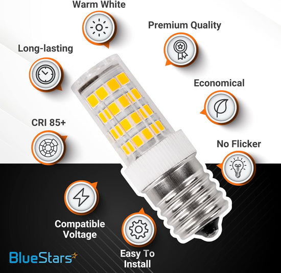 8206232A 5W dimmable LED light bulb with infographic icons highlighting features like warm white and no flicker.