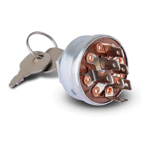Ignition starter switch with keys for riding lawn mowers, showing rear terminal view with metal contact pins.