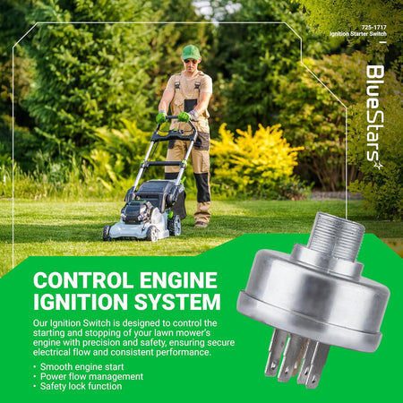725-1717 ignition starter switch for lawn mowers shown in a promotional graphic with a man mowing the lawn.