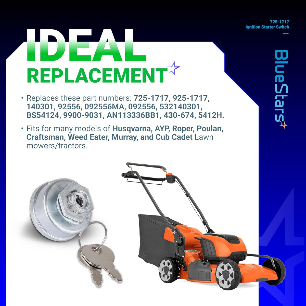 Ignition starter switch 725-1717 with keys for Craftsman, Husqvarna, and MTD riding lawn mowers.