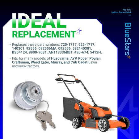 Ignition starter switch 725-1717 with keys for Craftsman, Husqvarna, and MTD riding lawn mowers.