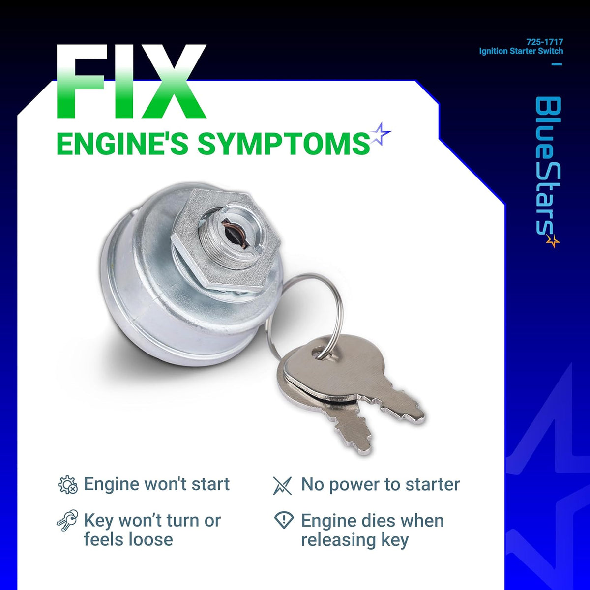 725-1717 ignition starter switch with keys for riding lawn mowers, shown in a diagnostic graphic.