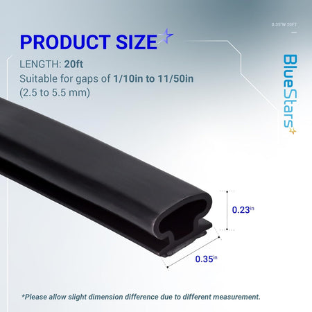 Infographic showing dimensions of 20ft weather stripping soundproof door seal for gaps 2.5mm to 5.5mm.