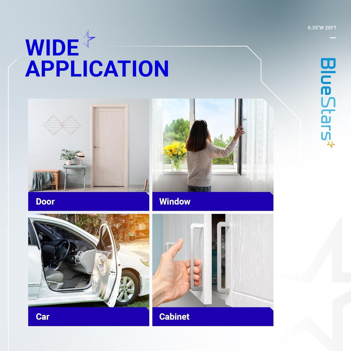 Infographic showing wide application of weather stripping door seal for doors, windows, cars, and cabinets.