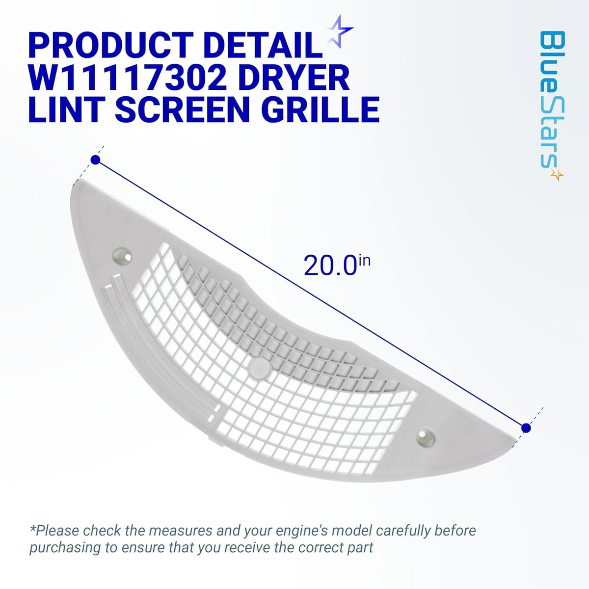 W11117302 dryer lint screen grille showing 20-inch measurement for Whirlpool, Kenmore, and Maytag dryers.