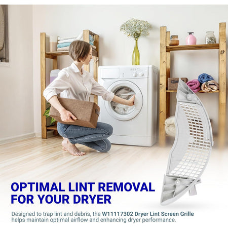 W11117302 dryer lint screen grille replacement shown in a lifestyle setting with a woman using a dryer.