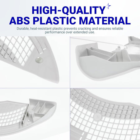 Close-up views of the durable white ABS plastic construction of the W11117302 dryer lint screen grille.