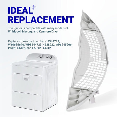 W11117302 dryer lint screen grille replacement part shown with a compatible Whirlpool, Kenmore, and Maytag dryer.