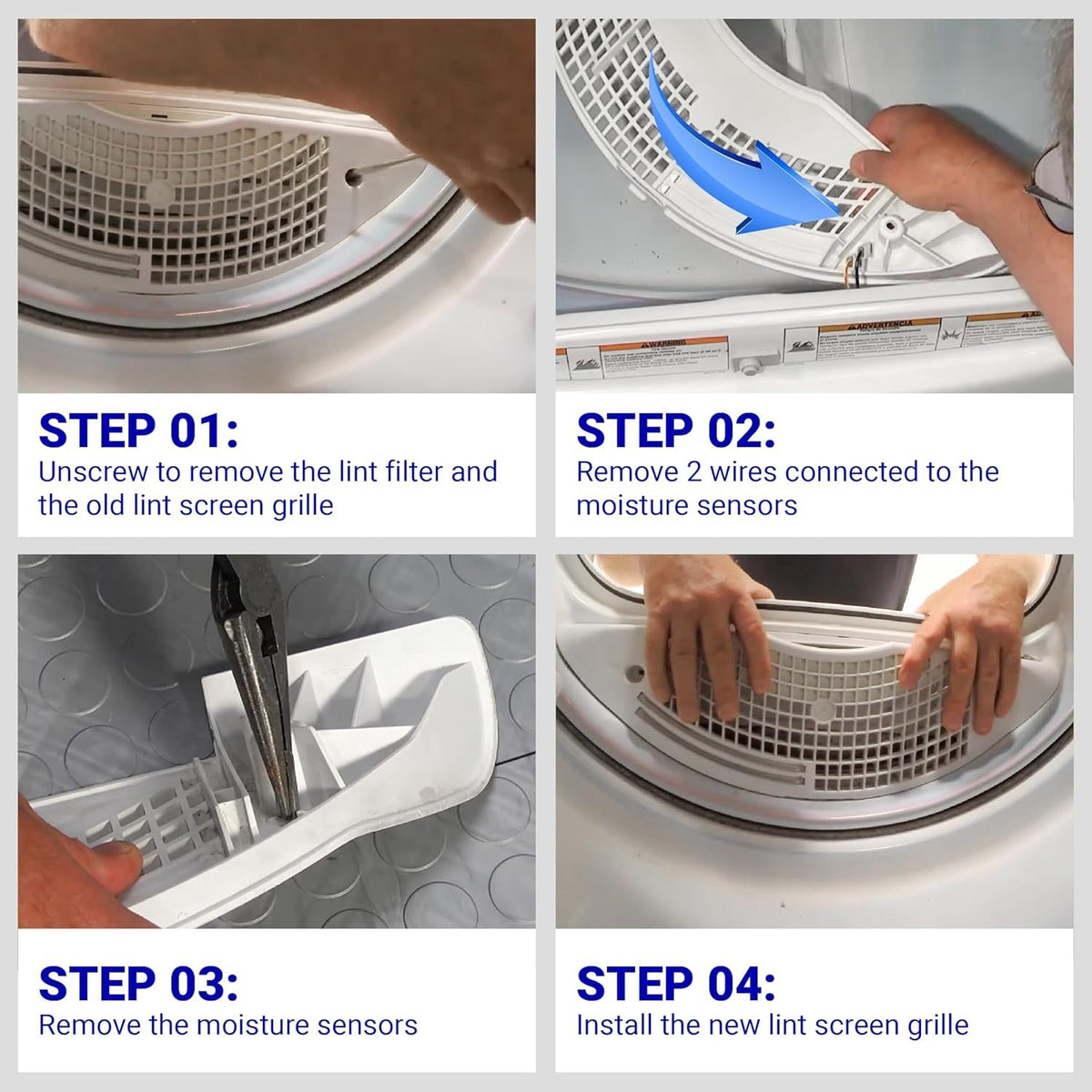 Installation guide showing four steps to replace a W11117302 dryer lint screen grille in Whirlpool and Kenmore dryers.