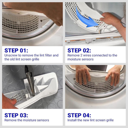 Installation guide showing four steps to replace a W11117302 dryer lint screen grille in Whirlpool and Kenmore dryers.