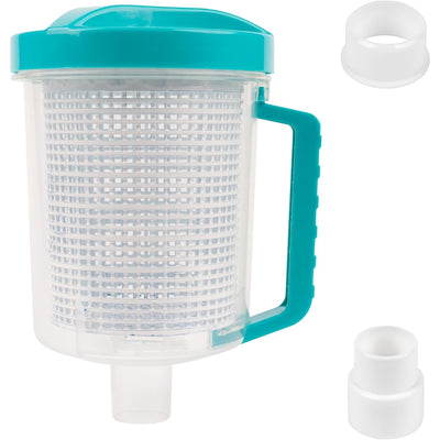 In-line pool leaf canister with clear body, teal lid, mesh basket, and two white hose adapters.