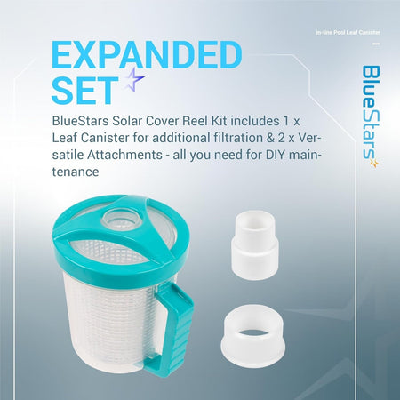 In-line pool leaf canister with mesh basket and two versatile hose attachments for pool maintenance.