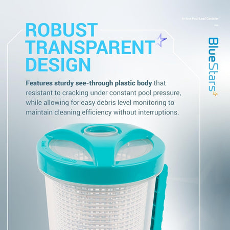 Close-up of transparent in-line pool leaf canister with teal lid and internal mesh basket.