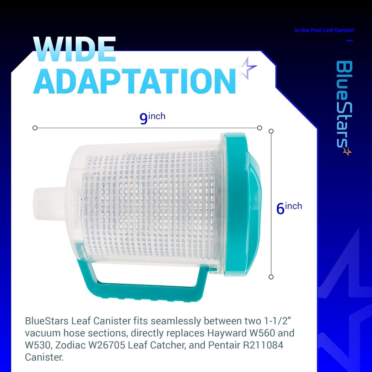 In-line pool leaf canister with mesh basket showing 9-inch length and 6-inch diameter dimensions.