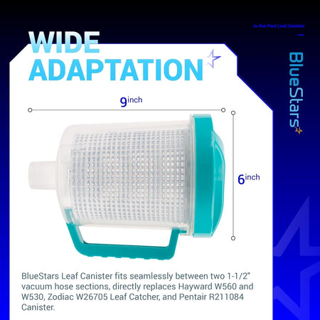 In-line pool leaf canister with mesh basket showing 9-inch length and 6-inch diameter dimensions.