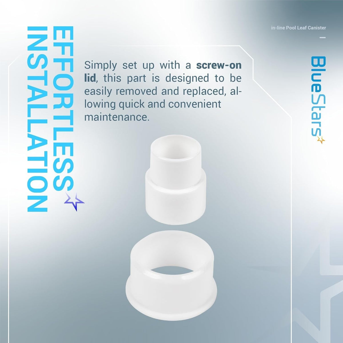 White plastic adapter components for in-line pool leaf canister.