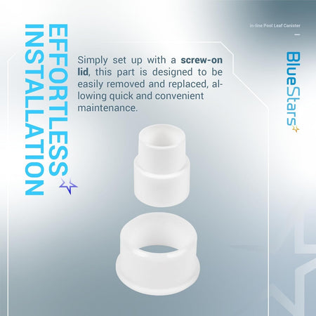 White plastic adapter components for in-line pool leaf canister.