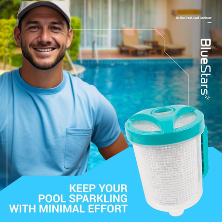 In-line pool leaf canister with clear housing and teal lid shown in a promotional lifestyle graphic.