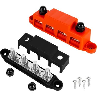 Exploded view of 3/8" M10 bus bar with red and black protective covers, terminal studs, and mounting screws.