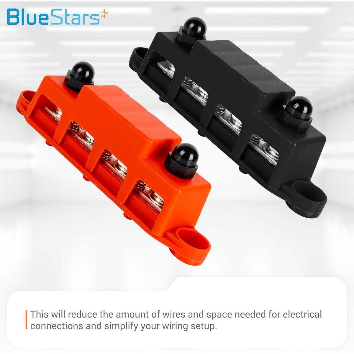 Red and black 3/8 inch M10 bus bar terminal blocks for 250A 12V-48V DC electrical wiring systems.