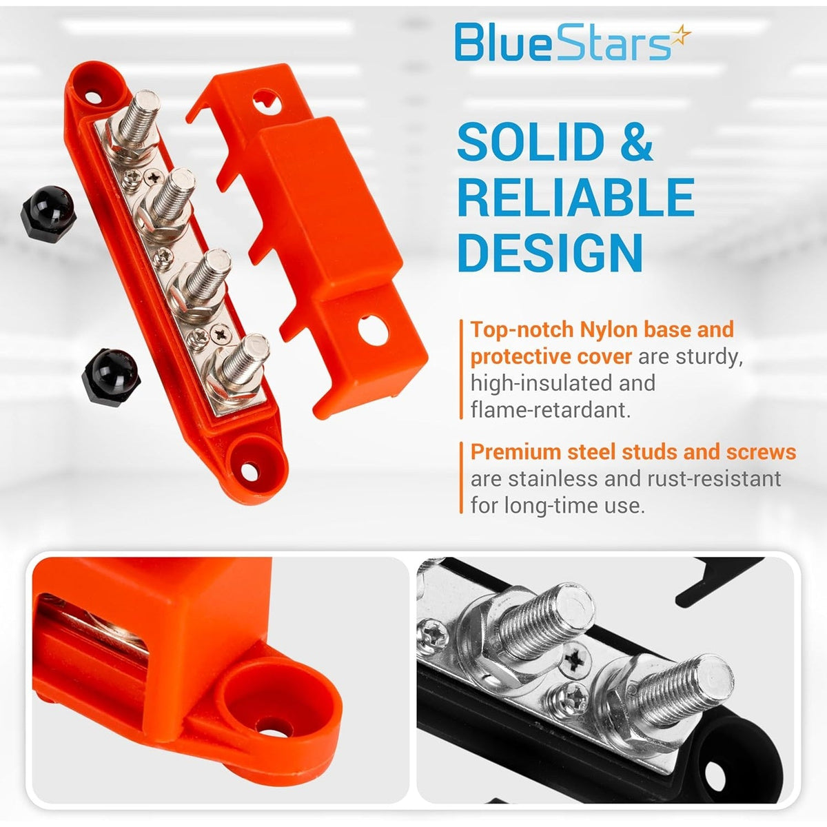 3/8 inch M10 bus bar with red protective cover, nylon base, and stainless steel studs.