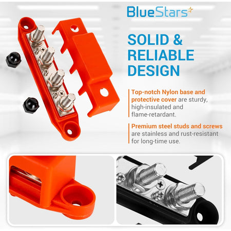 3/8 inch M10 bus bar with red protective cover, nylon base, and stainless steel studs.