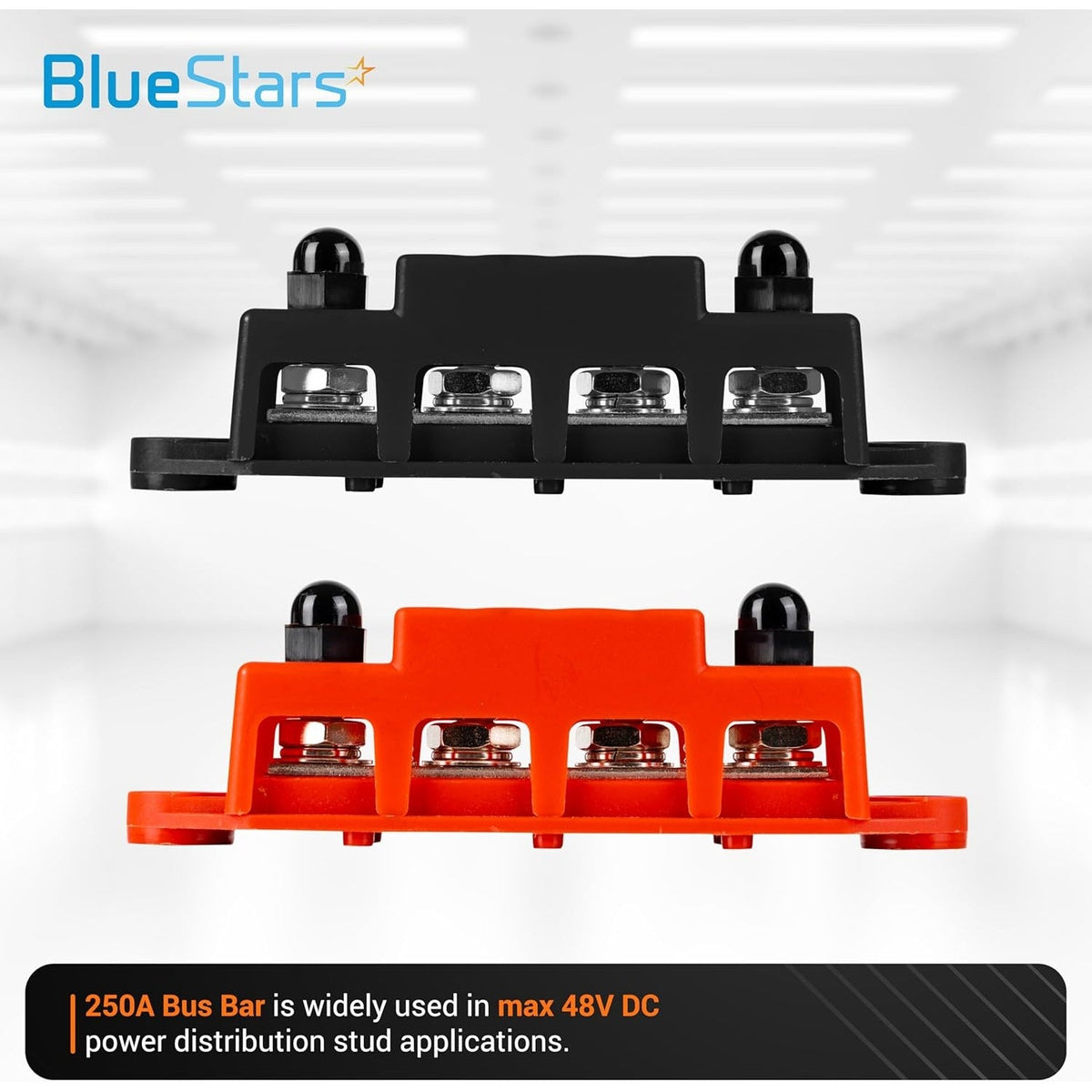 Black and red 250A bus bars with 3/8 inch M10 studs for 48V DC power distribution applications.