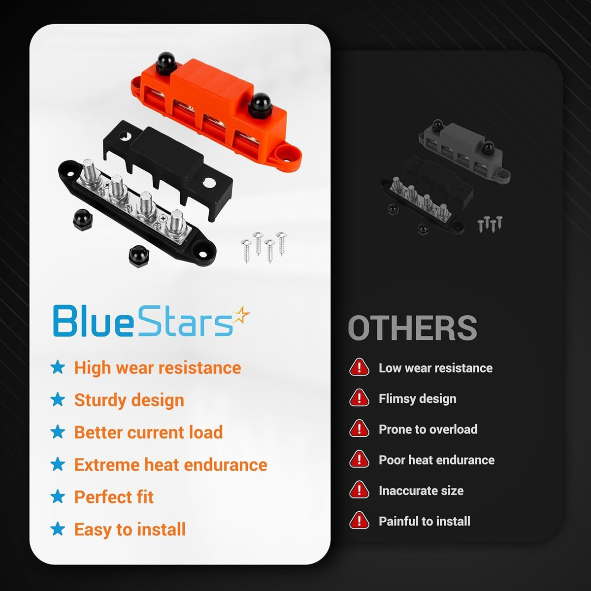 Comparison chart showing BlueStars 3/8" M10 bus bar features versus generic alternatives.