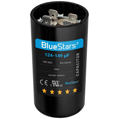 BlueStars 124-149 uF 165 VAC round start capacitor with terminal connectors.